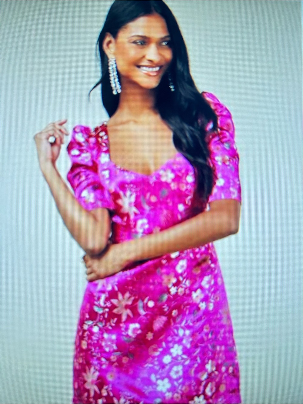 Lulu's Fuchsia Floral Puff-Sleeve Midi Dress. Size L. NWTGS
